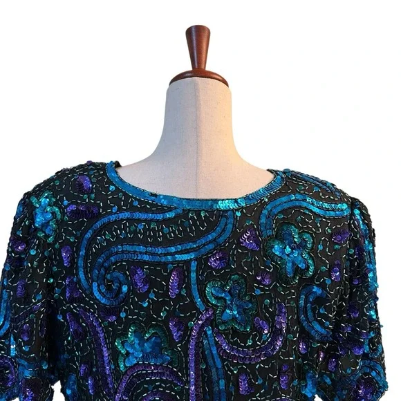 Laurence Kazar Top XL Blue Silk Blouse Sequined Beaded Vintage VTG 80s Scalloped - Picture 10 of 12